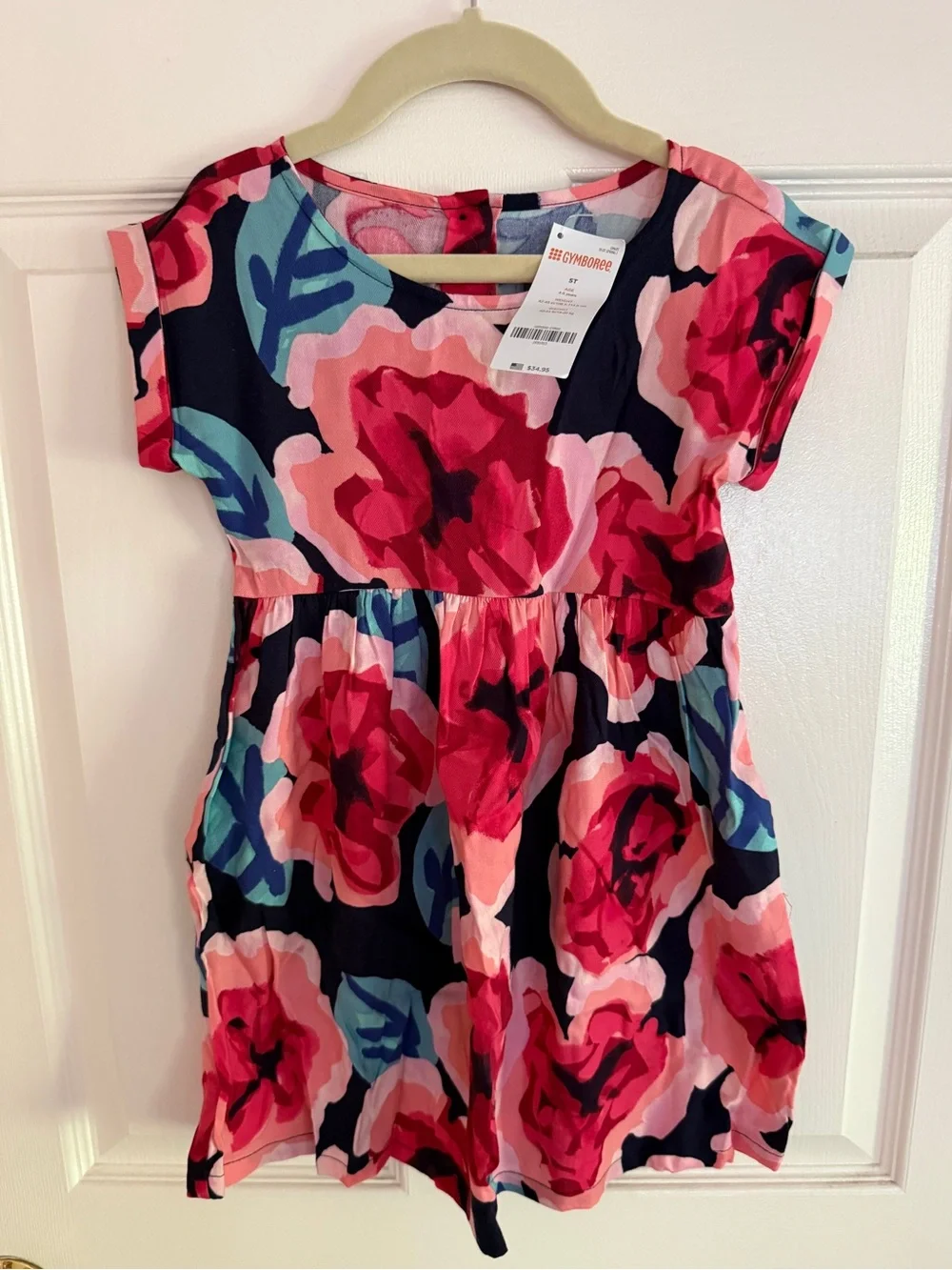 NWT Gymboree short sleeve geometric floral print dress, button back, Size 5T